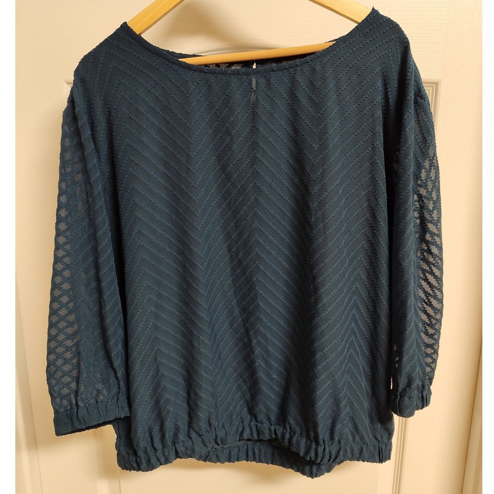 Ann Taylor Factory Womens Teal Blue Chevron Clip Dot 3/4 Sleeve Bubble Hem Top L